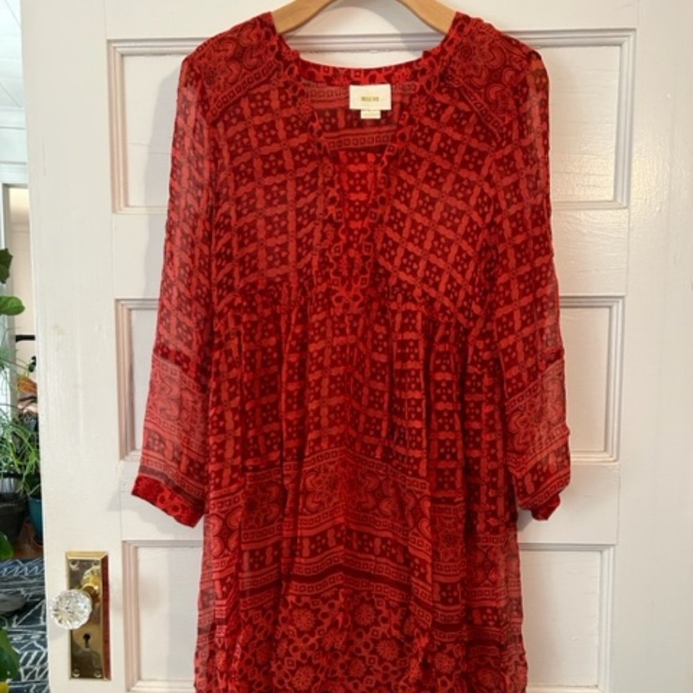 Anthropologie. Maeve. Red Printed Long-Sleeve Tiered Dress - Picture 2 of 15